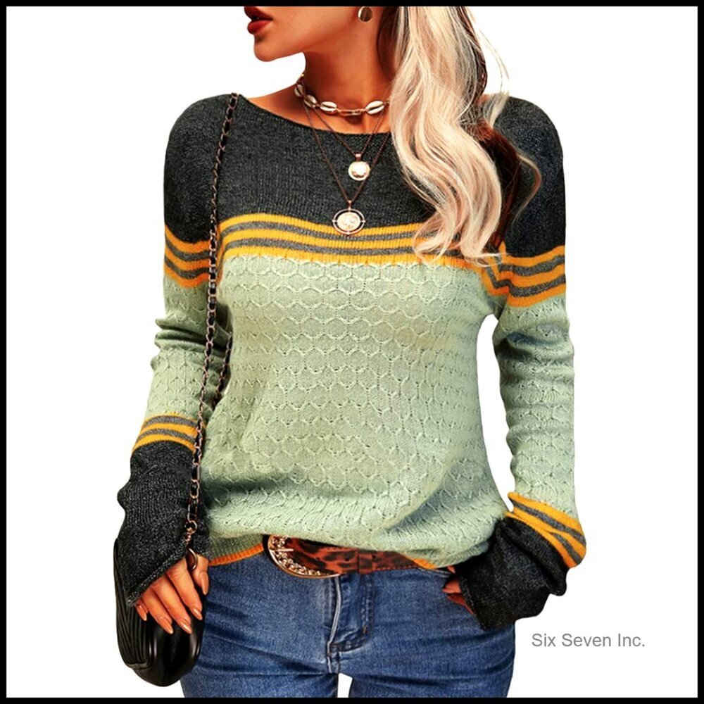 Lightweight Striped Pullover Sweater Chic Crewneck Slim Fit Winter Trendy